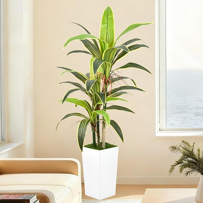 Aritificial Dracaena Tree 5FT with Realistic Trunks and 33 Leaves in Tall White Pot Faux Tropical Yucca Floor Plant for Home Office Decor Indoor Housewarming