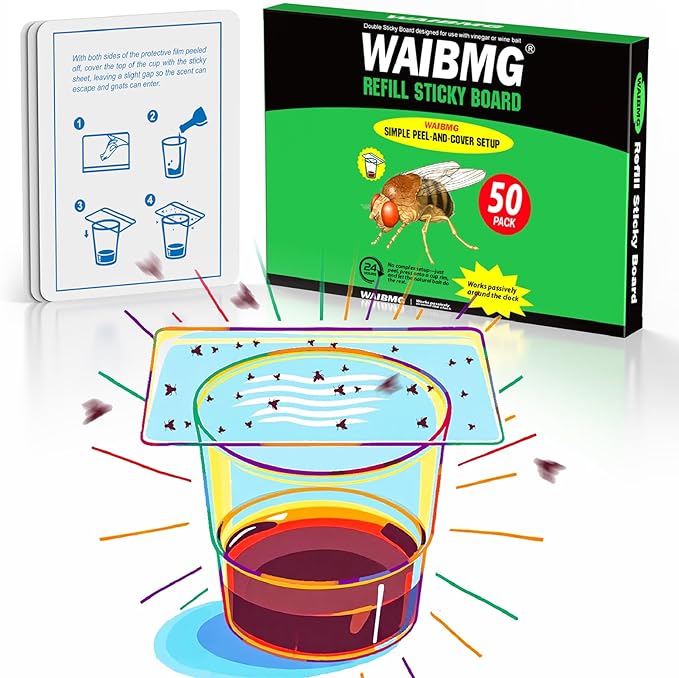 Fruit Fly Trap Covers, Double-Sided Sticky Adhesive Cards for Gnats, Fruit Flies, Moths, Kitchen Insect Control (50 Pcs)
