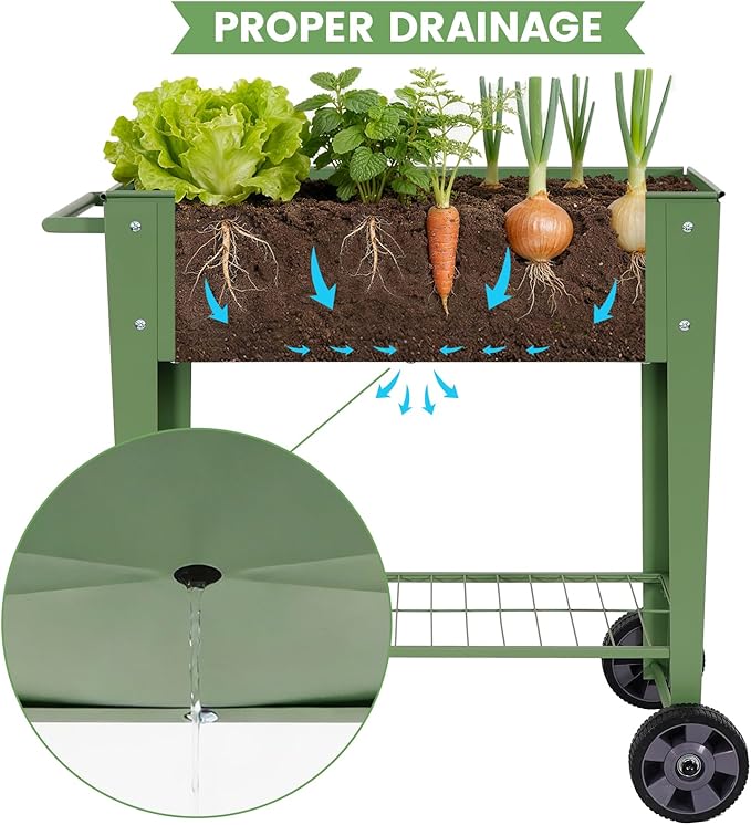Elevated Raised Garden Bed with Legs- Galvanized Raised Beds for Gardening on Wheels, Anti-Rust Steel Planter Box with Storage Rack& Drain Hole for Backyard Patio Balcony (Green)