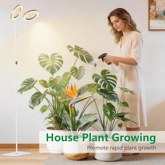 LPMZMBL Dual Head Grow Light for Indoor Plants Full Spectrum-Floor Standing Plant Lamp with Auto Timer 6/12/18H, 5-Level Dimmable & Adjustable Height 16.5-68in for Large Tall Plants | Faux Wood Design