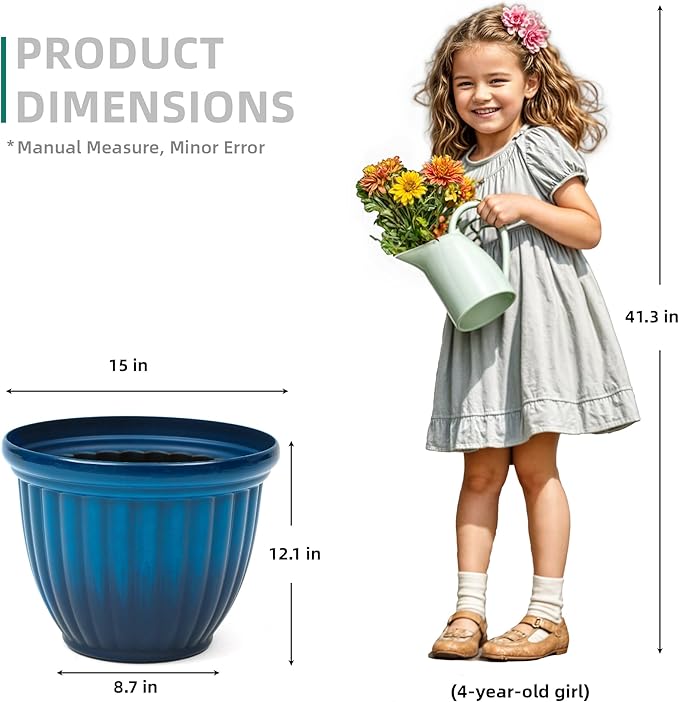Ultym 15" Outdoor Large Flower Pots (Set of 2), Gradient Blue Plastic Planters with 3D Texture, Weather-Resistant for Garden, Patio, Porch or Indoor Use
