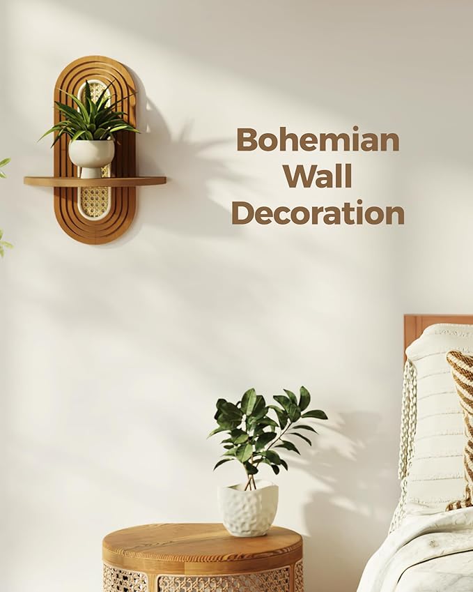 Bamworld Boho Wall Decor Brown Plant Wall Shelf, Mid Century Modern Decor Hanging Plant Shelf, 1-Tier Bamboo Floating Shelves for Home, Bathroom Bedroom Living Room, Office Holding Planter Decoration