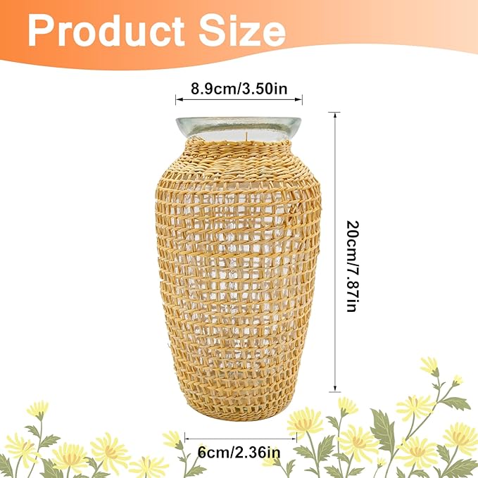 MDEOOSKY Straw Woven Glass Vase 7.9''x2.36''x3.5''Boho Glass Flower Vase Country Rustic Style Vase Glass Vase for Floral Arrangements Bottle Height (A Style 7.9IN)