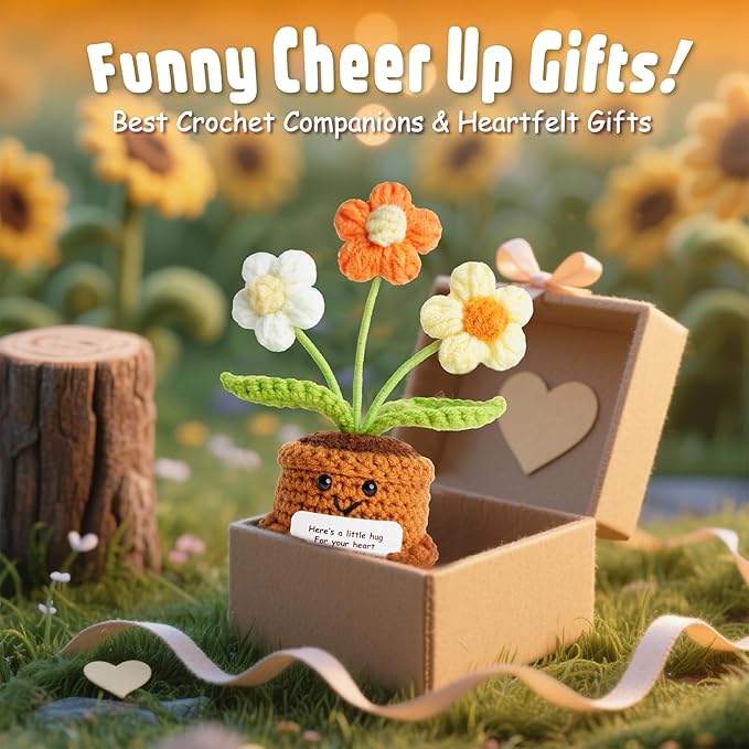 penzoos Emotional Support Plant, Handmade Crochet Potted Flower with Inspirational Message Card, Orange & White Knitted Daisy, Stress Relief Gift for Friends, Family, and Coworkers
