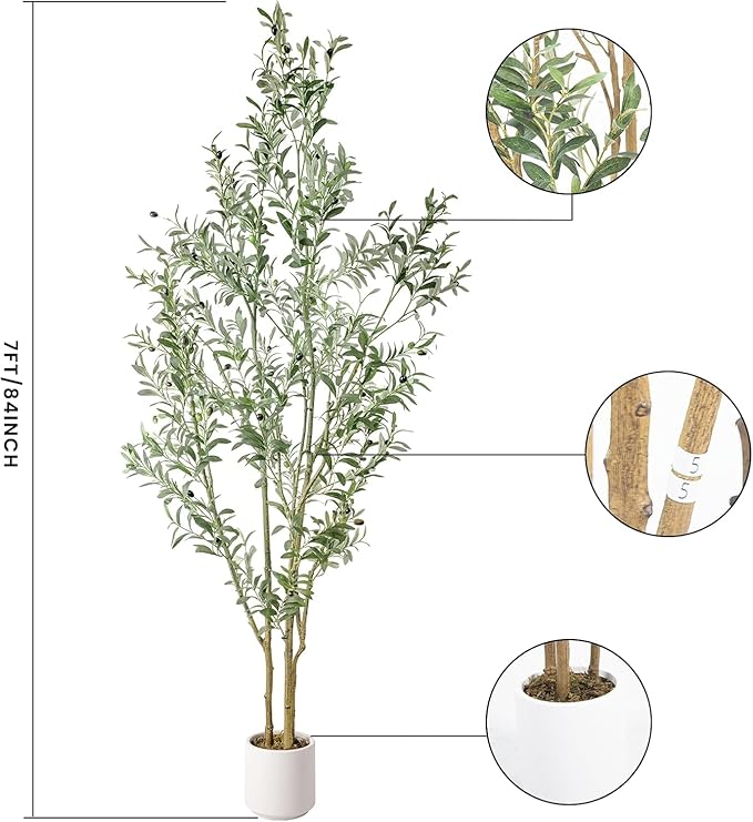Artificial Fake Olive Tree 7FT Tall 2Pack with White Planter Faux Silk Olive Tree for Home Living Room Office Decor Faux Artificial Plants Indoor with Fruit & Free Moss