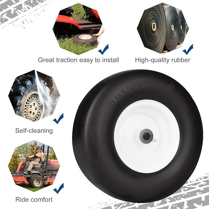 13x5.00-6 ILONPA 2PCS Flat Free Smooth Tire w/Steel Wheel Fits Deck 36"-46" Residential Riding Lawn Mower & Garden Tractor- Hub 3.25"-5.9" (Adjustable via Spacers), Bore ID 3/4" 135006