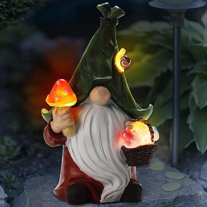 ZhiYo-GD Gnome Solar Garden Statue with 3 LED Lights, Mushroom-Picking Gnome Statue Outdoor Decor for Patio, Yard, Balcony, Lawn Ornament, Unique Gift for Mom, Grandma Christmas