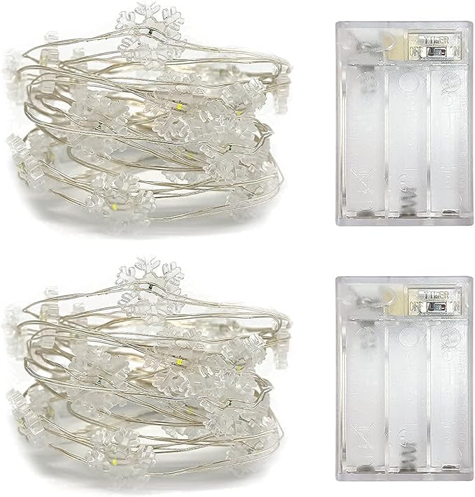 2 Pack Battery Operated Mini Snowflake Led Fairy Lights with Timer 6 Hours on/18 Hours Off for Wedding Party Decoration,30 Count LEDs,10 Feet Silver Wire (Cold White)