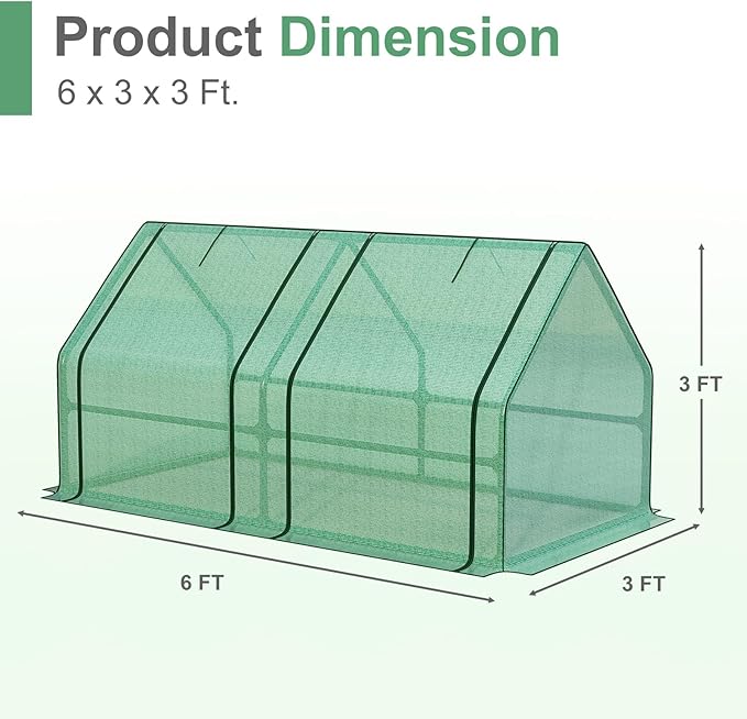 Aoodor 6 x 3 x 3 ft Mini Greenhouse with 2 Zipper Doors, Water-Resistant, UV-Protected for Flowers, Vegetables, and Herbs, Green