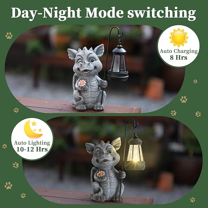 Ploxoiven Garden Figurines Dragon Statue Decorations - Solar ResinDragon with Solar Garden Lights Outdoor Decorations for Patio,Yard,Lawn,