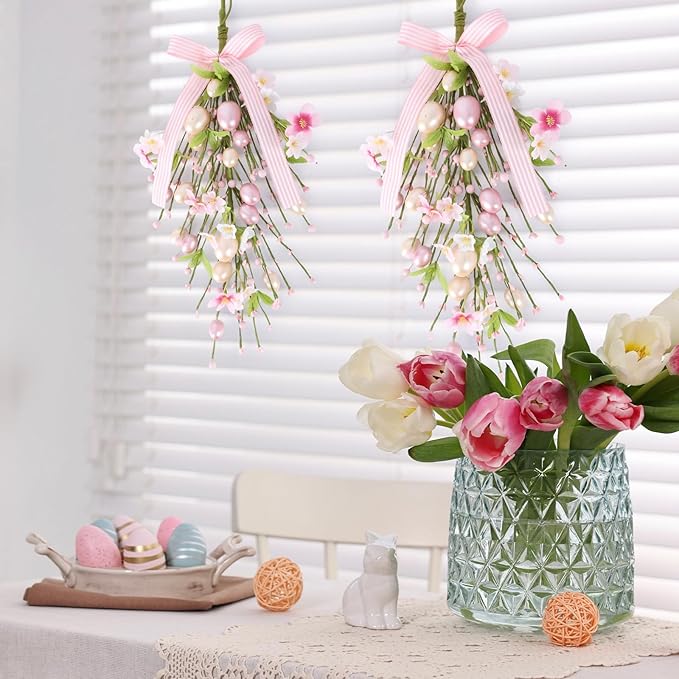 2 Pack 24'' Easter Teardrop Swags for Front Door Pastel Pink Easter Eggs Teardrop Wreath Artificial Spring Floral Hanging Swags with Ribbon Berry Flower for Farmhouse Home Outdoor Window Wall Decor