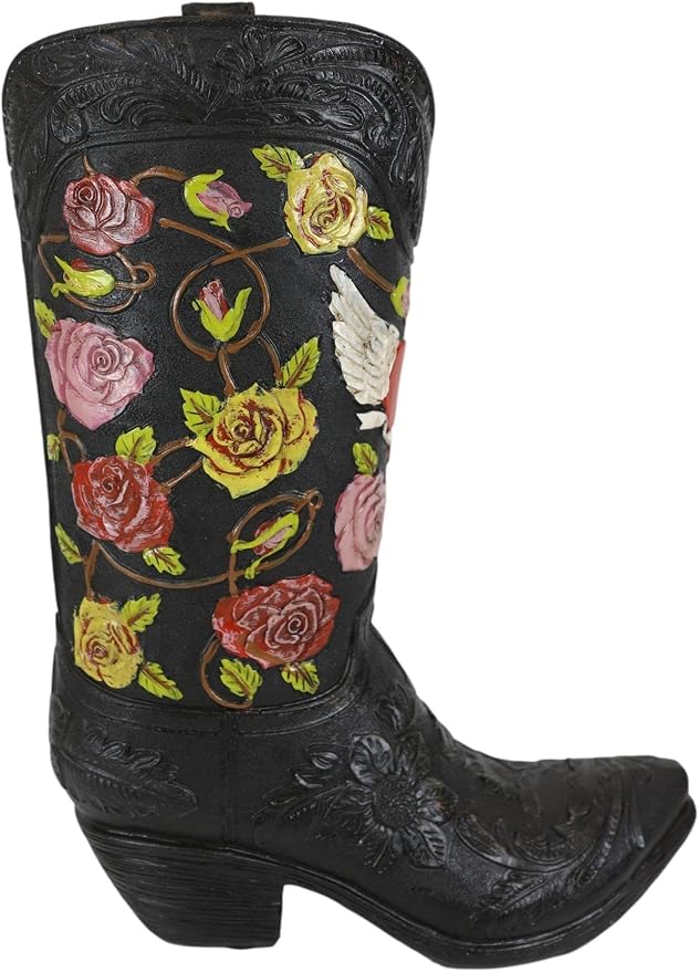 Ebros Gift Rustic Western Black Faux Tooled Leather Cowboy Cowgirl Boot with Colorful Rose Flowers and Angel Winged Heart Decorative Figurine Or Floral Vase Planter Table Countertop Accent