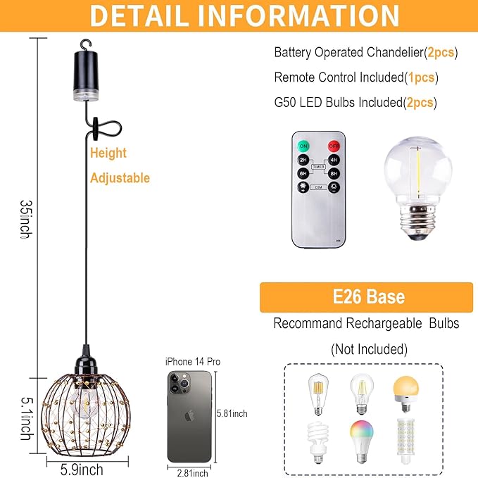 Hanging Pendant Lights, Battery Operated Outdoor Chandelier with Warm White LED Bulb for Patio Tree Pergola Gazebo Porch (Beaded Ball-G50-2PK)