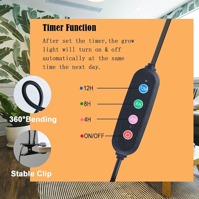 JINHONGTO 2Pack 9 Watt Clip Grow Lights for Indoor Plants with Timer, Mini Pot Plant Grow Light, Full Spectrum Small Bonsai Grow Light, Bright Enough Plant Growing Lamps