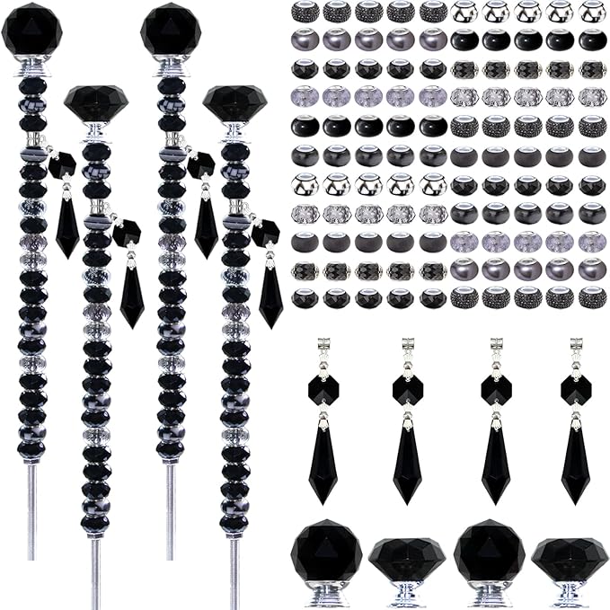 Exway 100 PCS DIY Fairy Wand Beaded Garden Stake Beads Kits with Black Large Hole Beads 4 Crystal Stopper Top Threaded Rods and 4 Black Sparkling Crystal Pendants for Outdoor Indoor Decor