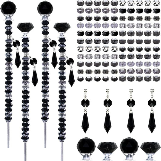 Exway 100 PCS DIY Fairy Wand Beaded Garden Stake Beads Kits with Black Large Hole Beads 4 Crystal Stopper Top Threaded Rods and 4 Black Sparkling Crystal Pendants for Outdoor Indoor Decor
