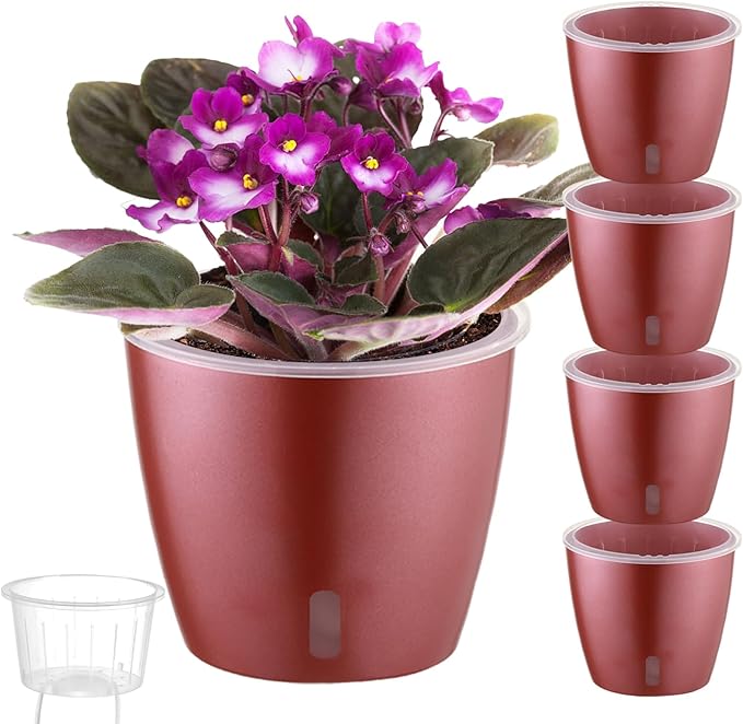 KvyusFlourish Self Watering Pots for Indoor Plants, 4-Pack 6.7'' Self Watering Planter with Drainage Holes, Small African Violet Pots with Water Indicator, Clear Wick Orchid Pot, Rose Gold