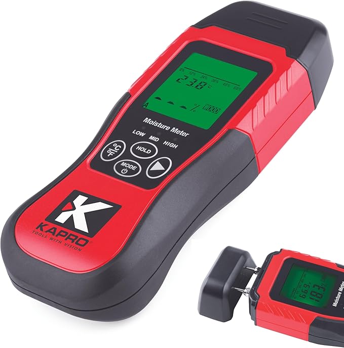 Kapro - 379 Moisture Meter with Temperature Detection - Measures Wood Moisture and Temperature in Fahrenheit and Celsius - Features 8 Calibration Scales - Back-Lit Display & Auto-Power Shut Off