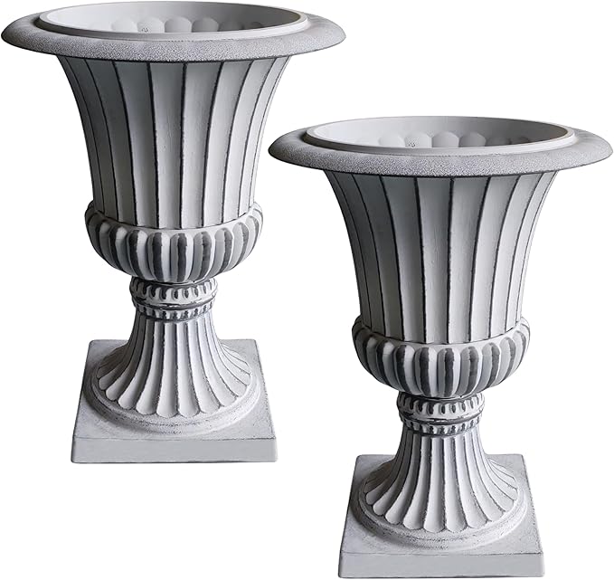 Austram Urn Planters 22", Set of 2, Tall Stone-Resin Pedestal Planters for Outdoor Plants, Large Front Porch Decor, Patio Garden Pots, Outdoor Urns for Entryway, Porch & Deck, White Plant Pot