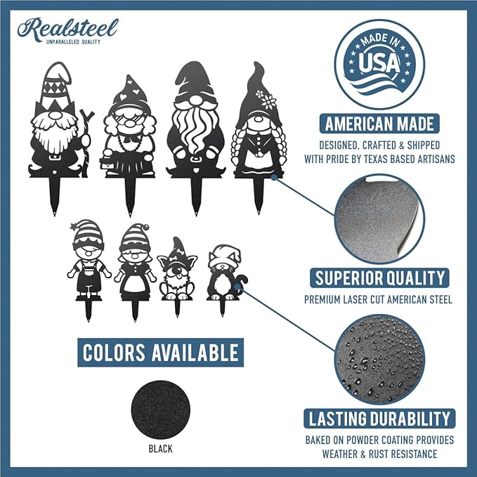 RealSteel Build Your Gnome Family Garden Stakes – Custom Metal Yard & Lawn Decor – Farmhouse Outdoor Garden Gnomes – Choose Your Set - Unique Gift - Young Girl