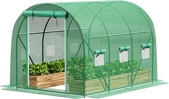 12x7x7 Greenhouse, Portable Green House for Outside, Greenhouses Kit for Outdoor with Metal Frame, Thicken PE Cover, Ground Nail and Fixed Ropes (Green Cover)