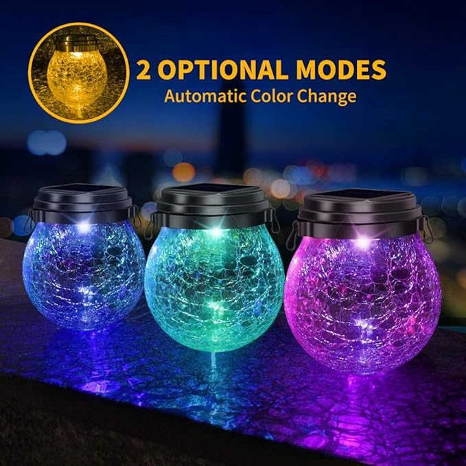 DBF Solar Lanterns Outdoor 2 Pack - Waterproof IP65 Hanging Solar Lights with Warm Amber & RGB Colors, Crackle Glass LED Ball Lights Globes Garden Decorative for Patio Tree Backyard Pathway Railing