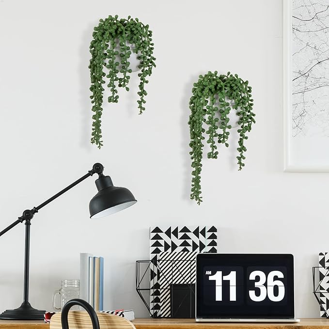 MyGift Artificial Faux String of Pearls Plants in White Ceramic Wall Hanging Planter Pot with Jute Rope, Set of 2