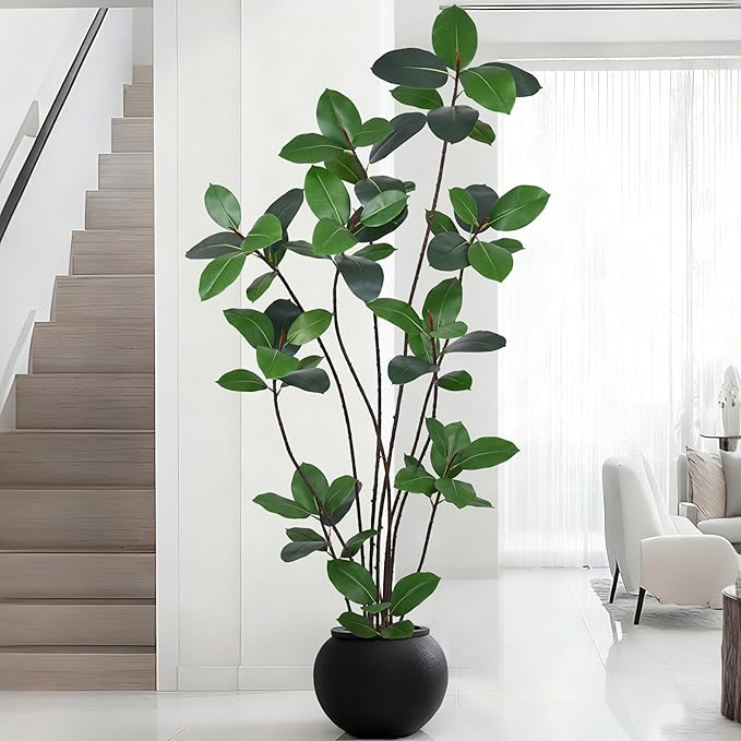 Artificial Green Rubber Tree 7FT with 68 Glossy Leaves & 10 Heads & Black Pot Lifelike Tall Large Faux Tropical Ficus Elastica Plant 84 Inch for Indoor Home Office Store Corner Modern Decor
