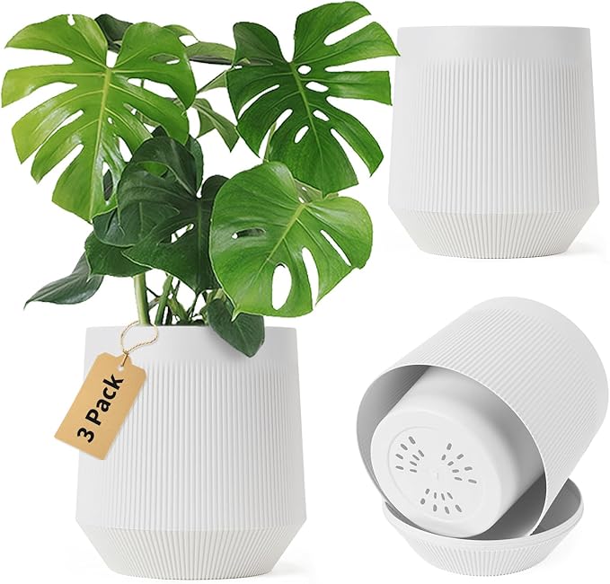 Yaghpy Plant Pots，Set of 3 Plastic Pots for Indoor Plants,Flower Pots Outdoor Planters with Drainage Hole and Seamless Saucer,White