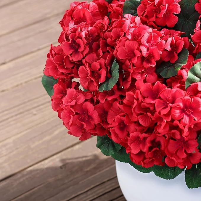 Juxdp 18" Artificial Geraniums Topiary for Front Porch Decor,Faux Silk Flowers Bushes UV Resistant Potted Plants for Outdoor Indoor Door Offices Garden Farmhouse Home Decor (Red)