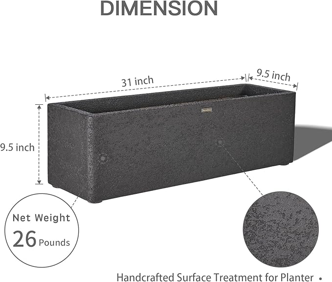 TerraDeco 31 Inch Rectangular Concrete Planter,Durable All-Weather Use with Drainage Holes,Large Rectangular Planter for Outdoor Indoor Plants
