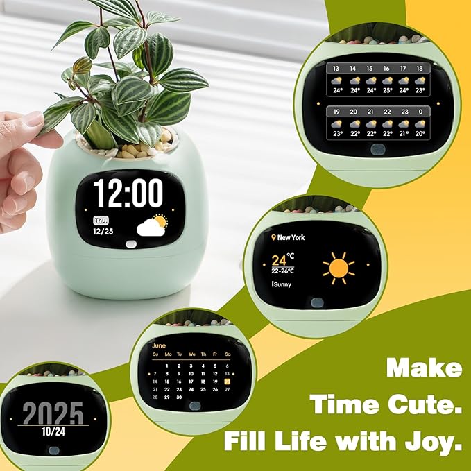 Plantsio AI Smart Pot for Plants with App Control, Self-Watering, Visual Display & 80ml Reservoir, Digital Plant Pot Supports 100+ Plants, Pomodoro Timer, Clock & Calendar,Desk & Office Planter-Green