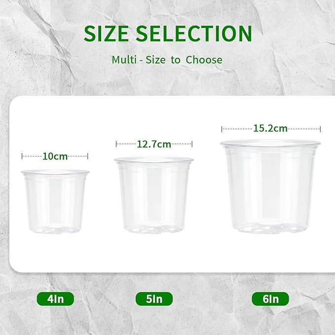 Plgardpo Clear Nursery Pots, 4/5/6 Inch Transparent Plastic Plant Pots with Drainage Holes, Variety Pack Seed Starting Pots, Flexible Clear Flower Pots for Indoor Outdoor Plants, 24 Packs
