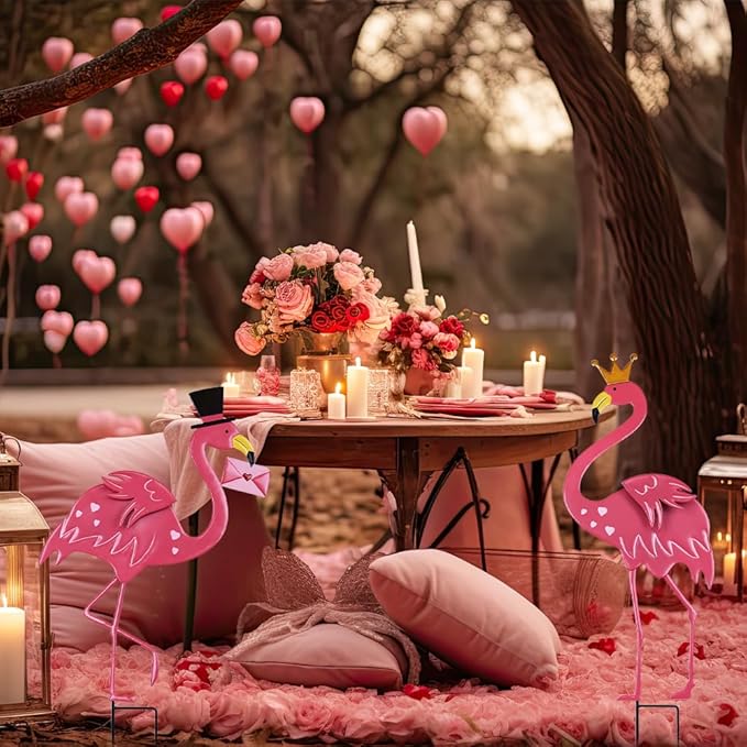 hogardeck Valentines Day Decorations Outdoor, 2 Pcs 31" Metal Flamingos Decorative Garden Stakes for Valentines Day Decor, Yard Sign for Home Outside Lawn Porch Anniversary Wedding Party