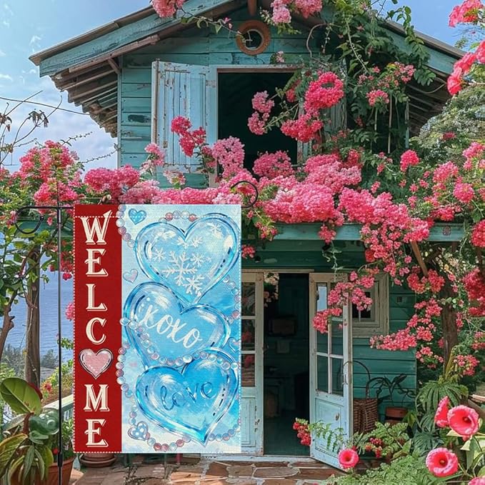 Welcome Winter Valentines Day Garden Flag 12x18 Inch Double-Sided Burlap with Snowflakes and Hearts for Home Decoration
