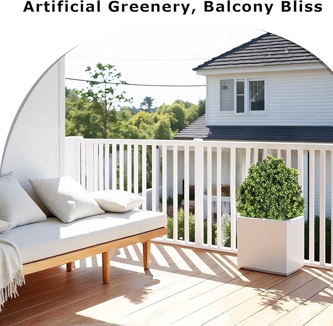 Azoco 27“ Realistic Artificial Boxwood Topiary Trees Set of 2, Faux Boxwood Plants Outdoor UV-Resistant, No Maintenance Curb Appeal Fake Evergreen Bushes & Shrubs for Front Porch Outside Planter Decor