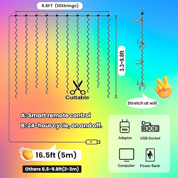HXWEIYE 300LED Fairy Curtain Lights, 9.8x9.8Ft USB Plug-in 8 Modes Christmas String Hanging Lights with Remote for Bedroom Backdrop Wedding Indoor Wall Decor, Multicolor, Standard – 1 Pack