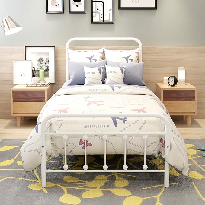 DUMEE Metal Twin Size Bed Frame Platform with Vintage Headboard and Footboard Sturdy Premium Steel Slat Support No Box Spring Needed, Textured White