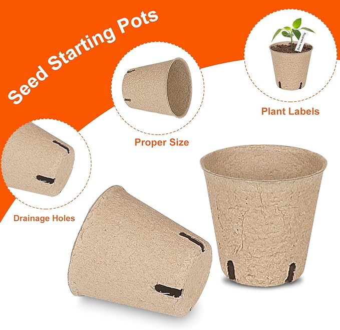 JNYONG 60 Packs 3.15 Inch Peat Pots,Biodegradable Pots for Seedlings with Drainage Holes, Garden Germination Nursery Pots with 50Pcs Plant Labels