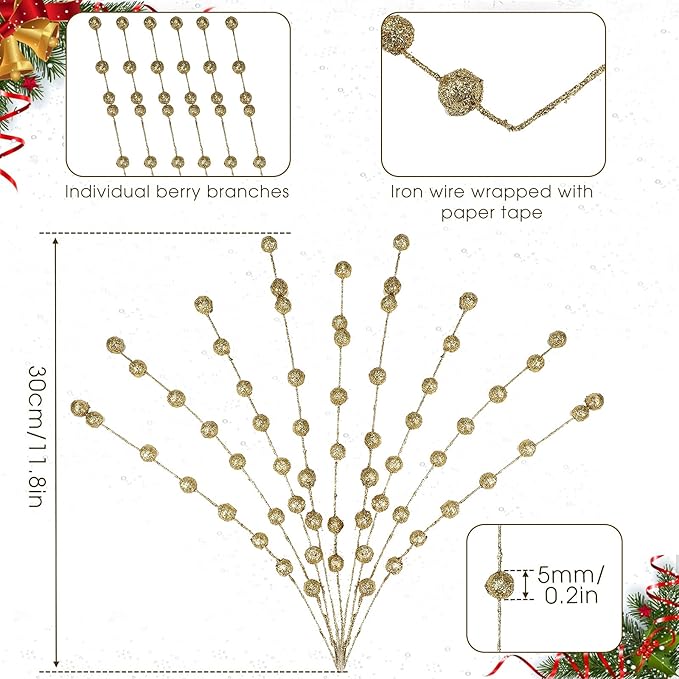 Syhood 200 Pcs Glitter Berry Stems, 13.8 Inches Christmas Berry Picks Holly Branches for Christmas Tree Decorations, Holiday Ornaments Home Decor and DIY Crafts(Gold)