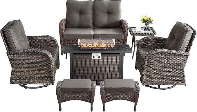 7 Pieces Outdoor Furniture with Fire Pit Deep Seating Outdoor Glider Loveseat with Patio Swivel Chairs Outdoor Furniture Set for Deck Porch Garden Balcony Poolside-Brown/Grey