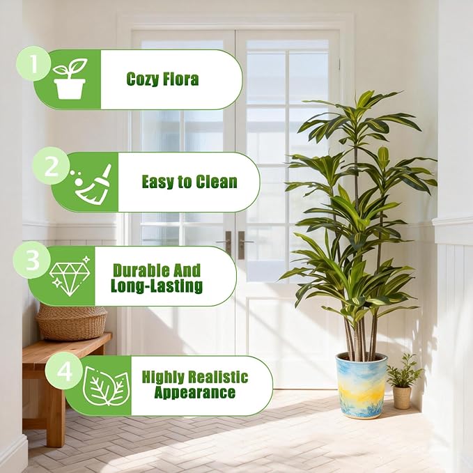 Artificial Dracaena Tree 6FT - Fake Tree with Black Planter - Faux Yucca Tall Fake Floor Plant in Pot - Artificial Plant for Home Office Living Room Decor Indoor