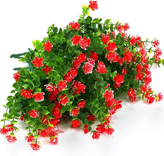 ArtBloom 6 Bundles Outdoor Artificial Flowers UV Resistant Fake Boxwood Plants, Faux Plastic Greenery for Indoor Outside Hanging Plants Garden Porch Window Box Home Wedding Farmhouse Decor (Red)