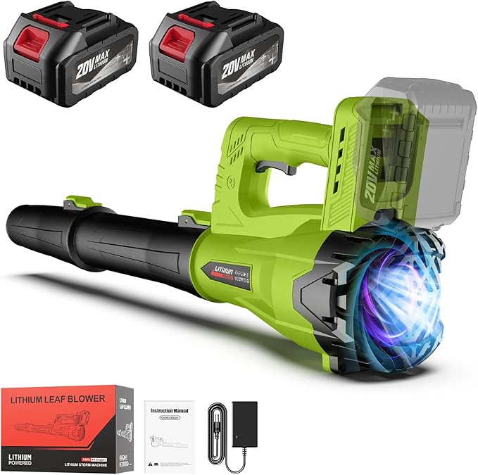 Leaf Blower Cordless with 2 x 4.0 Ah Battery and Charger, 160MPH/580CFM High Power Lightweight Handheld Electric Snow Blower with 2 Extended Tubes for Lawn, Yard, Leaves, Dust, Snow Care (Green)