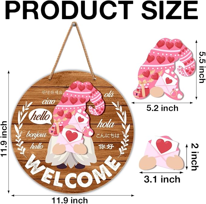 Interchangeable Gnome Welcome Sign Valentine's Day Door Decor, Changeable Gnomes Front Porch Decorations Wall Hanging Wood Wreath Hangers for Spring Summer Fall Winter All Seasons Holiday, Rufous