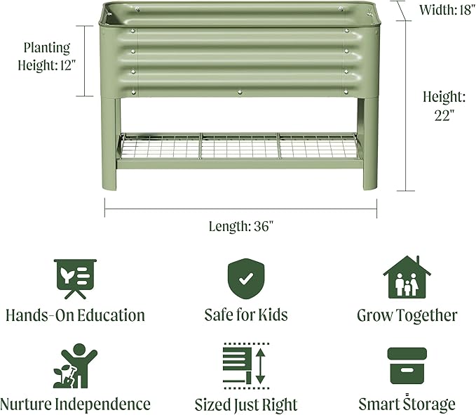 Elevated Raised Garden Bed for Kids, 16"(W) x 36" (L) x 22"(H) Outdoor Planters Box with Legs & Storage Rack, Solid & Safe Raised Beds for Gardening Herbs Vegetables Flowers, Olive Green