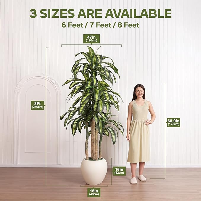 VeriNatural Artificial Dracaena Tree Indoor - 8FT UV Resistant Fake Outdoor Plants with Planter- Tall Faux Tree for Front Porch, Patio, Garden, Wedding, Home, Living Room Decor, VN151