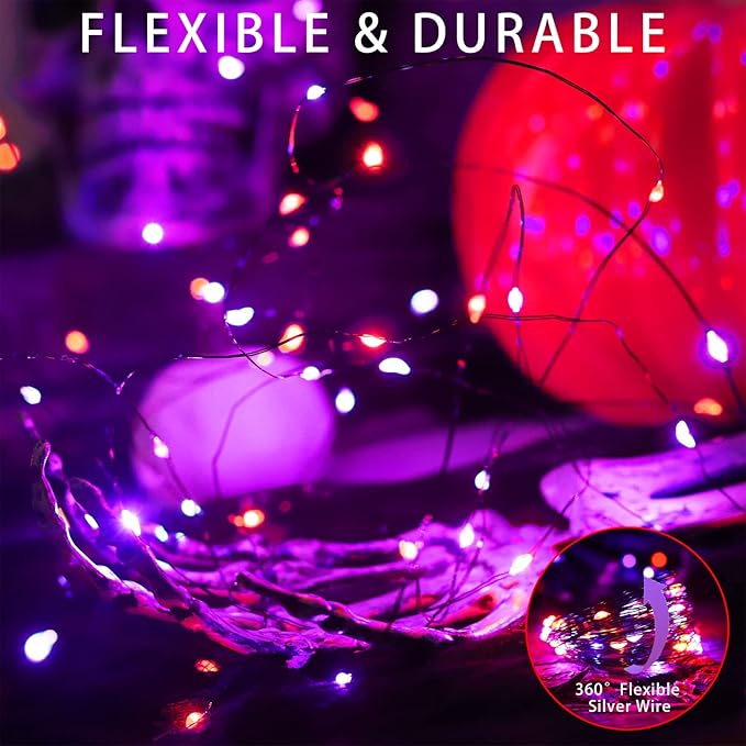 YAOZHOU Halloween Decorations Outdoor Lights, Solar String Lights Purple Orange IP67 Waterproof 2 Pack Total 200 LED 66FT 8 Modes Fairy Lights, Outside Fall Decor for Tree, Garden, Patio, Fence, Lawn