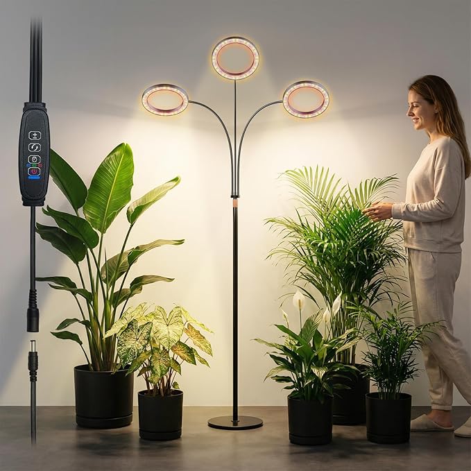 boostool Grow Lights for Indoor Plants, Three Heads 48W 216 Led Full Spectrum Plant Light, 5.5FT Adjustable Height Standing Grow Light 3/9/12H Timer, 10 Dimmable Levels & 3 Lighting Modes