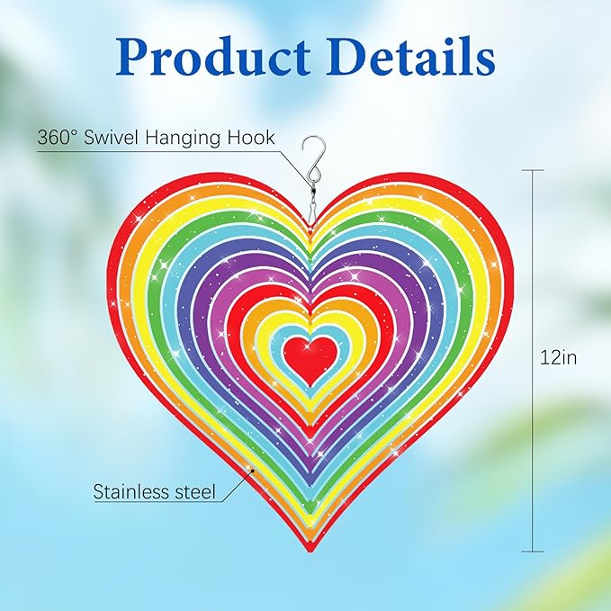 Love Heart Wind Spinners Outdoor, Hanging Wind Spinners for Birthday Christmas Valentines Day, 12 inch Outdoor Indoor Hanging Ornament for Garden Porch Backyard Lawn
